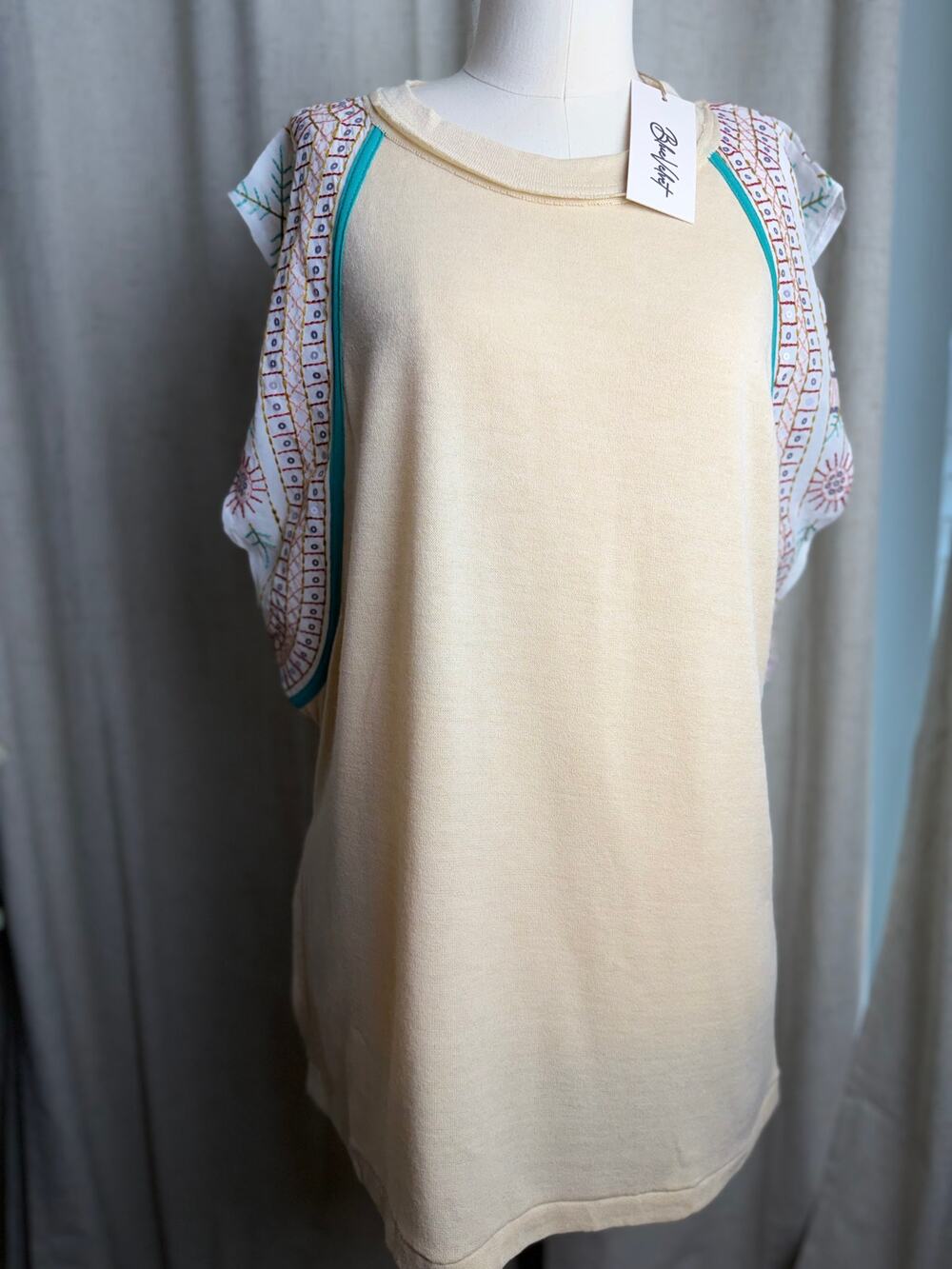 Blue Velvet Beige Embroidered Sequin Sleeve Boho Tunic Top Size L NWT